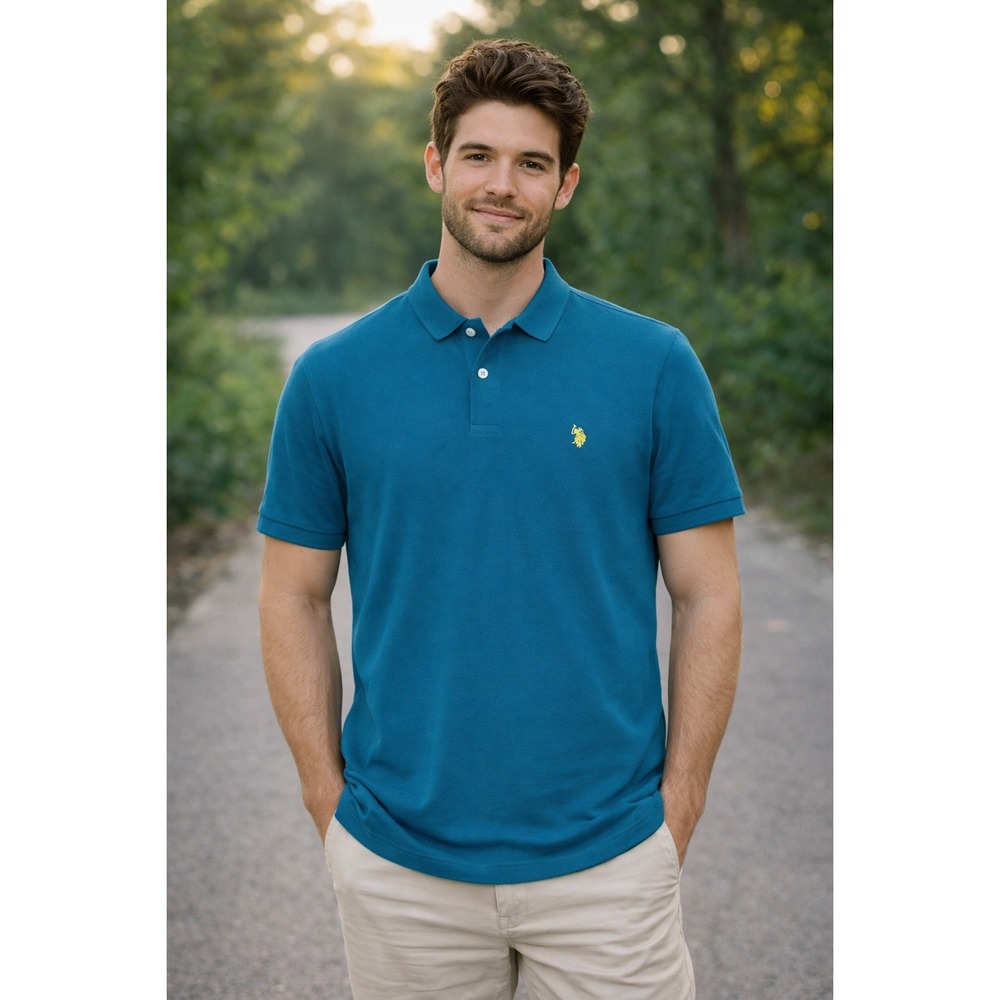 US Polo Assn Mens Teal Blue Pique Cotton Short Sleeve Polo Shirt Large Logo NWOT